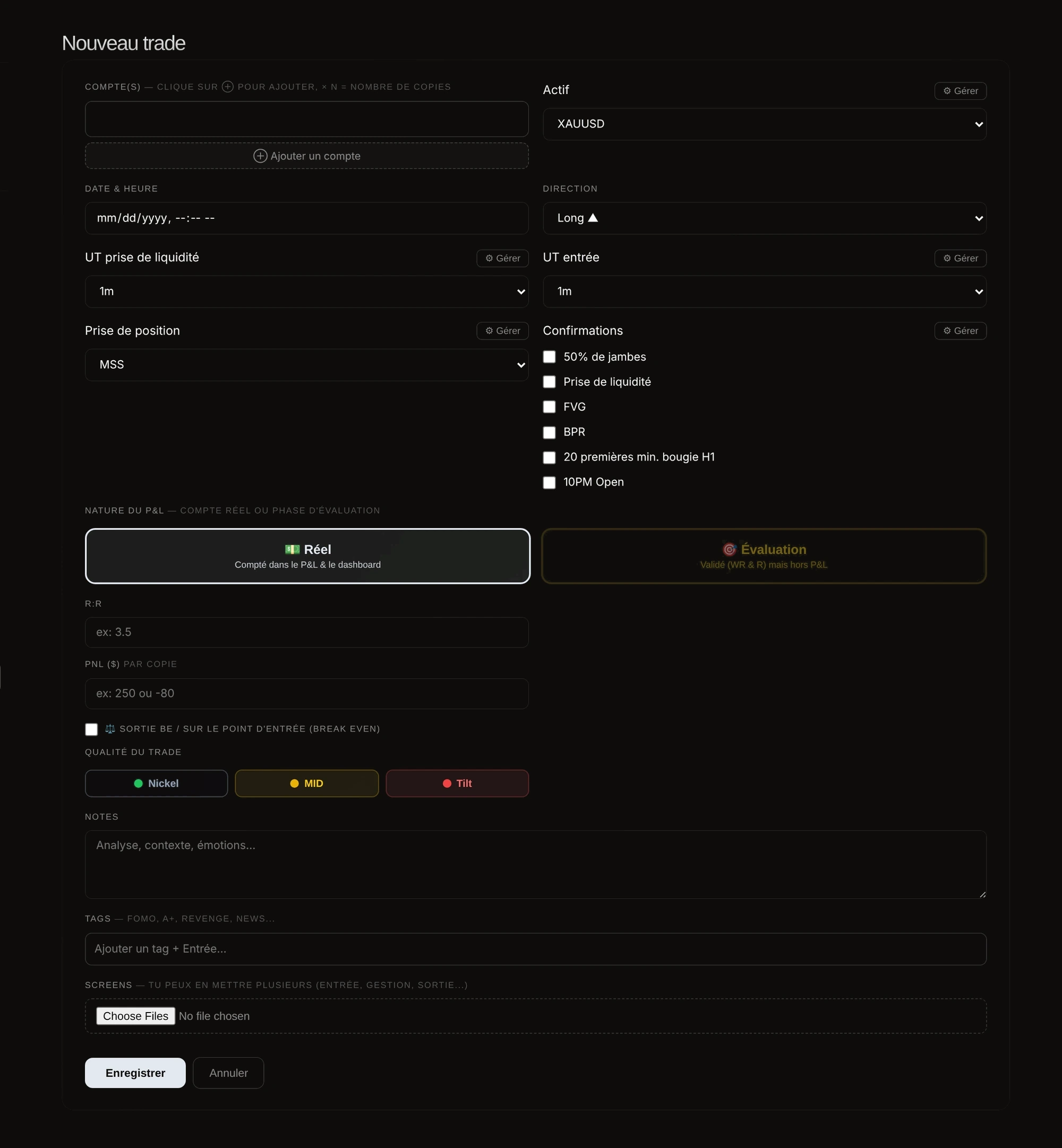 Formulaire d'ajout d'un trade avec comptes, actif, setup, confirmations, qualité et captures.