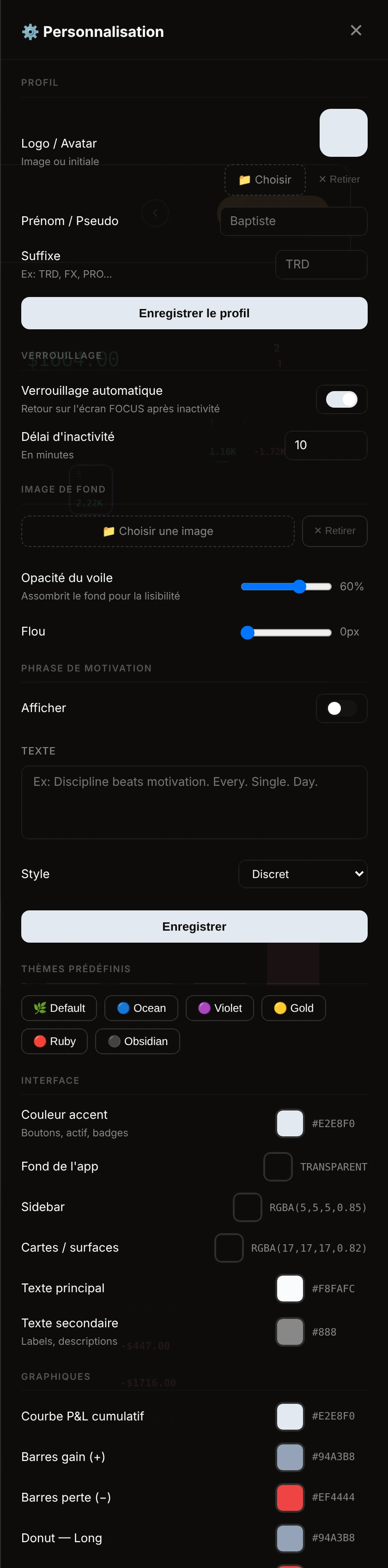 Panneau de personnalisation : profil, verrouillage, image de fond, thèmes.